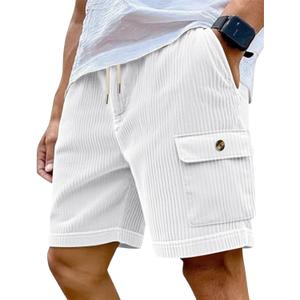 Mens Cargo Shorts Casual Drawstring Elastic Waist Corduroy Summer Beach Shorts with Pockets (White, XXL)