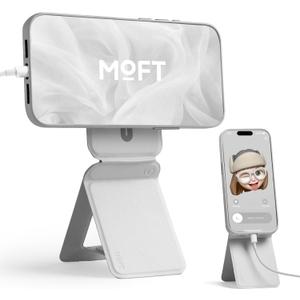 MOFT Phone Stand, Magnetic Phone Tripod Stand Stain-Resistant MOVAS Leather & Angle Adjustment & Strong Magnets Tripod for iPhone 16/15/14/13/12 (Included Metal Ring)-Misty Cove (without Card Slot)