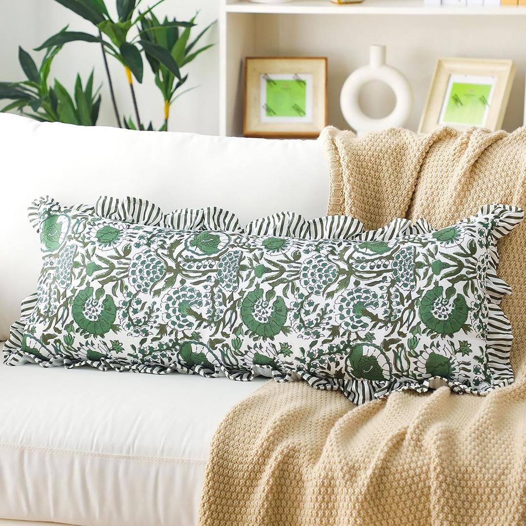 Green Cotton Print Ruffle Pillow Case 14 x 36 Inches Floral Pillow Cover for Bedroom Decoration Couch Sofa