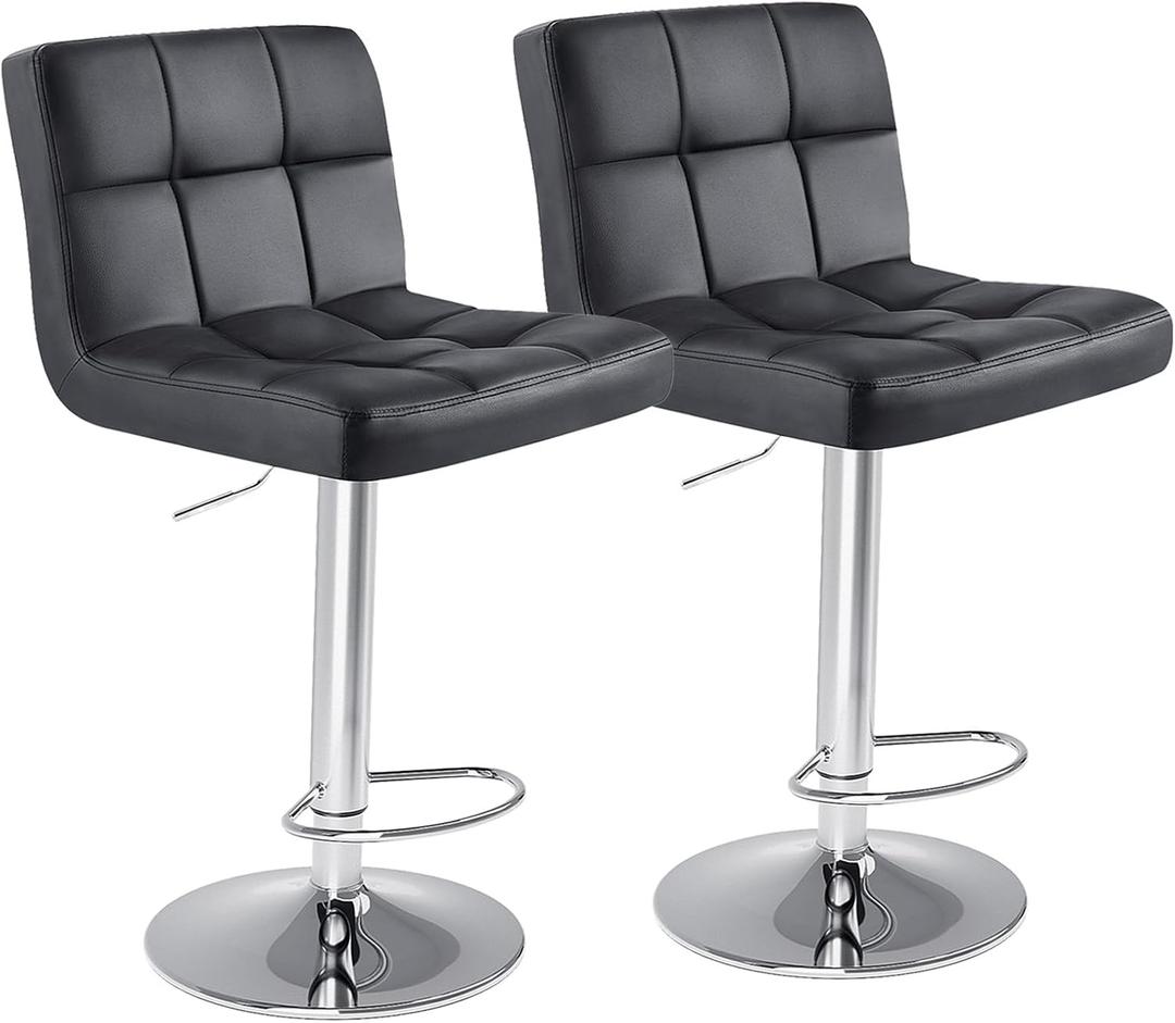 Sweetcrispy Bar Stools Set of 2, Armless PU Leather Adjustable Swivel Barstools, Hydraulic Kitchen Counter Height Thickened Seat Cushion Square Island Countertop Chairs with Back, Black