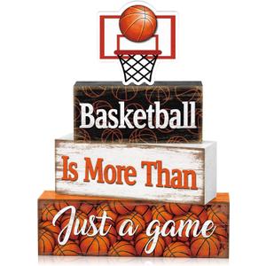 Briwooody 4 Pcs Basketball Decorations 2026 Sport Tiered Tray Decor Ball Wooden Sign Blocks Basketball Room Decor Farmhouse Table Centerpieces for Home Shelf Locker Bedroom Senior Night Party Gifts