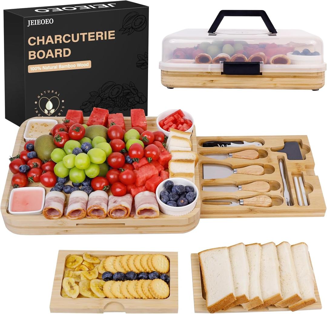 Charcuterie Board with Lid - Bamboo charcuterie Boards, Portable Travel Charcuterie Board, Gifts for Housewarming, Weddings & Women