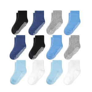 CozyWay Kids Socks With Grippers Non Slip Crew Grip Socks for Girls and Boys Soft Comfy Cotton Unisex - 12 Pack, 3-5T