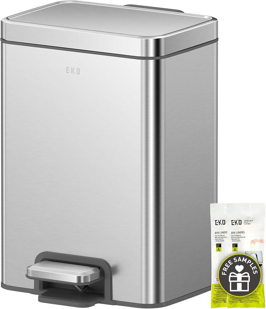 EKO Madison Brushed Stainless Steel 13.2 Gal/50L Kitchen Step Trash Can or Recycling Bin, Removable Inner Liner, Soft Close Lid, Fingerprint Resistant Finish