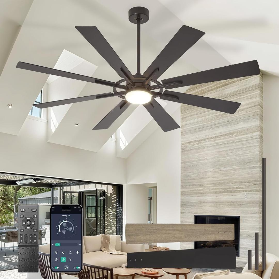 Large Ceiling Fans with Lights: Modern 66 Inch 8 Blade Outdoor Ceiling Fan with Remote APP Control - Dimmable Black Big Fan light Indoor Reversible 6 Speed Quiet DC Motor