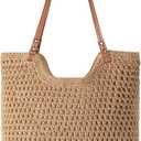 Pleneal Crochet Beach Bag, Summer Woven Tote Bag with Lining, Soft Purse Shoulder Bags for Vacation (Khaki)