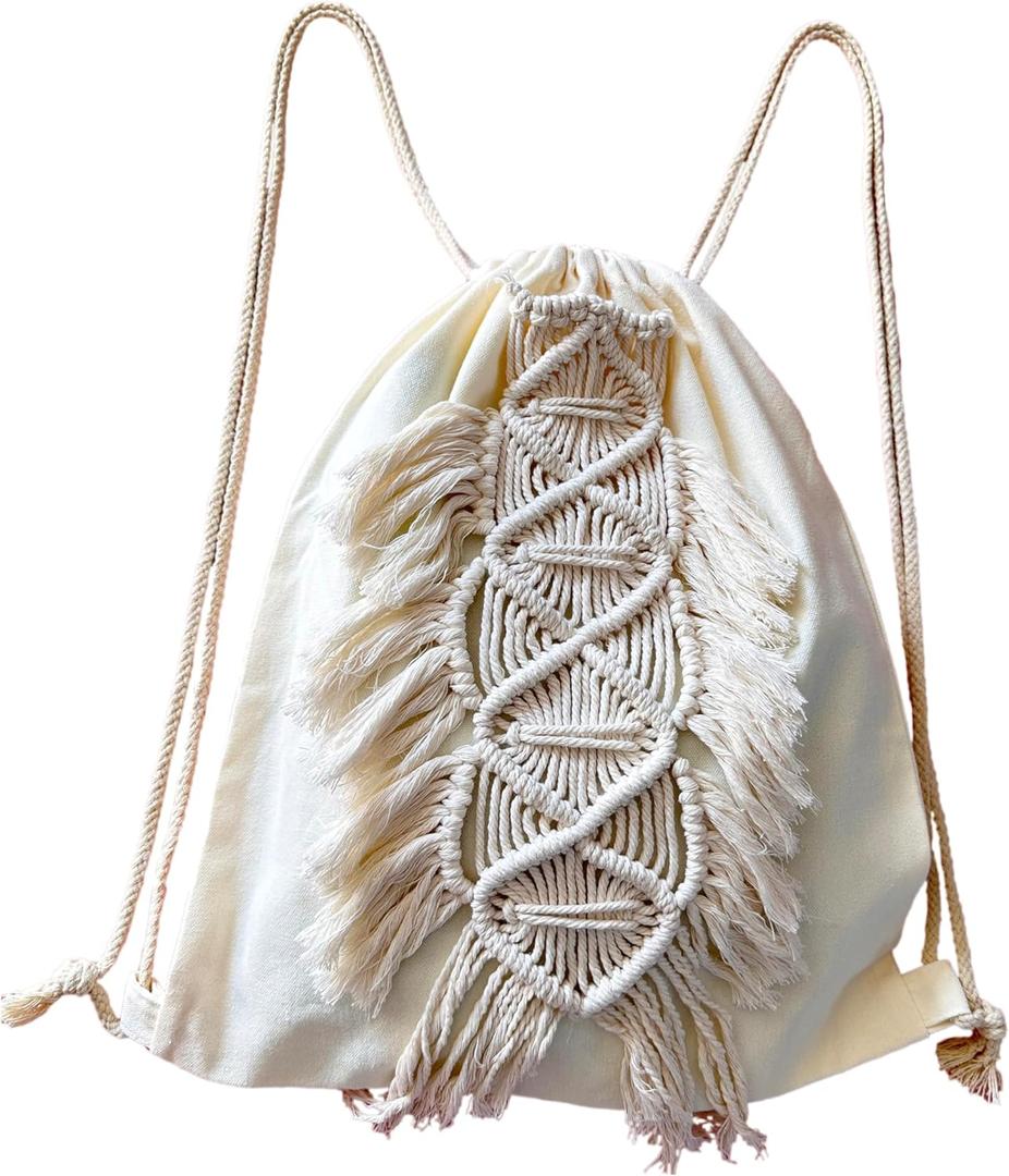 kiido Drawstring Backpack, Bohemian Style String Bag with Tassel and Macrame Fringe Canvas Beach Sport Daypack Sackpack
