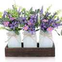 3 Pack Lavender Mason Jar Table Centerpiece Tiered Tray Decor with Wood Tray Artificial Floral and Plants Purple Pink Daisy Flower for Rustic Farmhouse Home Kitchen Bathroom Decor