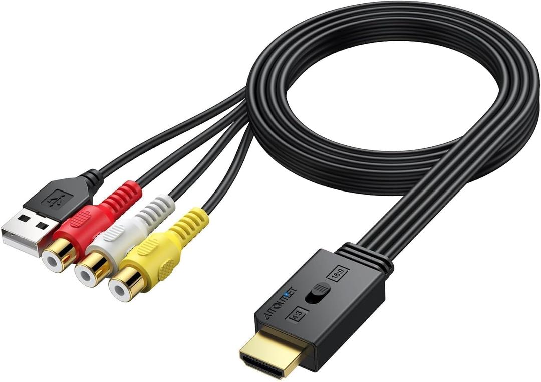 AUTOUTLET RCA to HDMI Converter with Aspect Ratio Switch (4:3/16:9), 1080P/720P Mini AV to HDMI Adapter with Built-in 150cm Cable for VCR, VHS, DVD