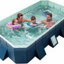 Foldable Non-Inflatable Swimming Pool for Kids Adults Family Hard Plastic Shell Collapsible Rectangle Swimming Pool for Backyard Outside Portable Dog (Dark Blue, 295cm)
