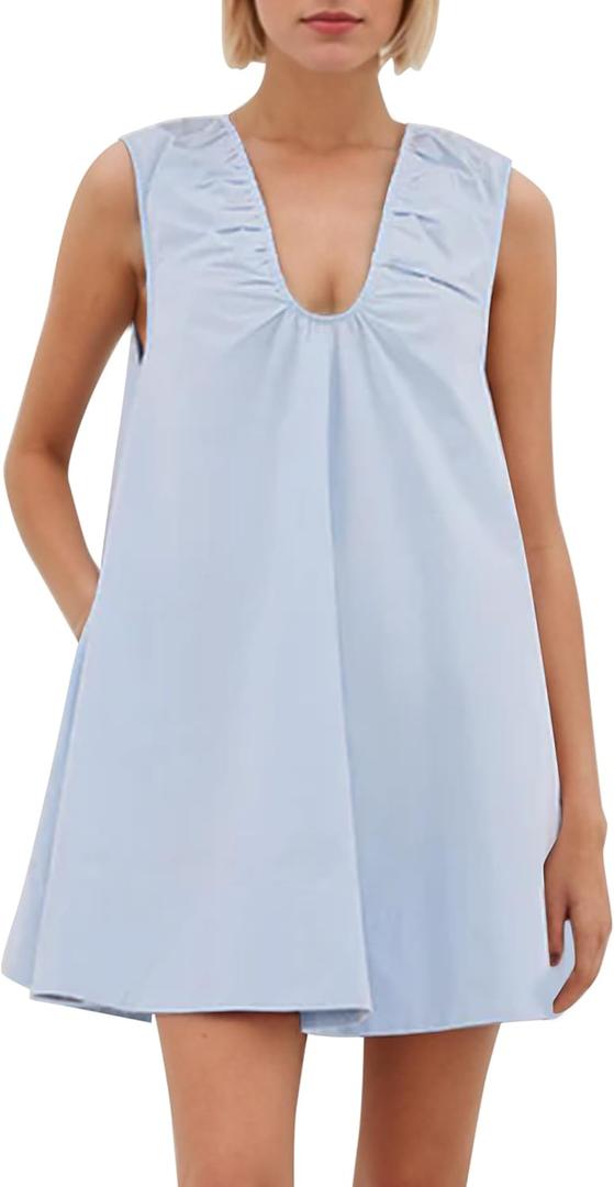 OLAPTA Women Summer Sleeveless Babydoll Mini Tank Dresses Loose Fit Scoop Neck Ruched Short Dress with Pockets Party Clubwear (Small, Blue)