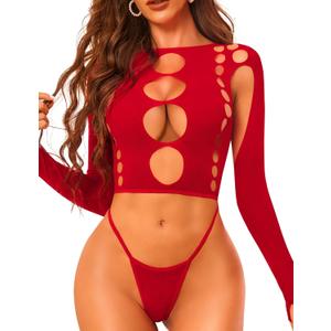 RSLOVE Women Sexy Lingerie Sets Naughty Bodysuit Cutout Top Long Sleeve Teddy Exotic Bodystocking Mesh (One Size, Red)