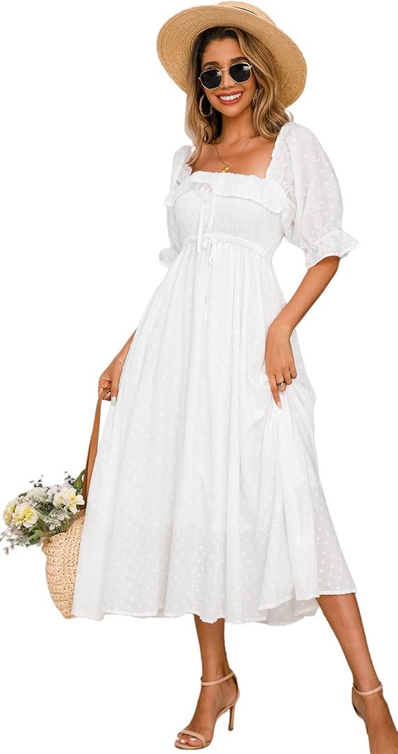 R.Vivimos Women Summer Half Sleeve Cotton Ruffled Vintage Elegant Backless A Line Flowy Long Dresses (White, Small)