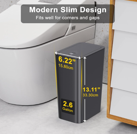 N. NETDOT 2 Pack 10 Liter Small Trash Can with lid, 2.6 Gallon,Garbage Can Slim Trash Bin Waste Basket for Bathroom,Kitchen,Bedroom,Living Room,Office,Laundry - Black