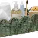 Green Scalloped Basket for Bathroom, Paper Rope Toilet Tank Basket Organizer for Tampon Storage, Tissues & Toiletries, Long Narrow Countertop Basket with Handles for Vanity, Shelf & Bedroom Decor