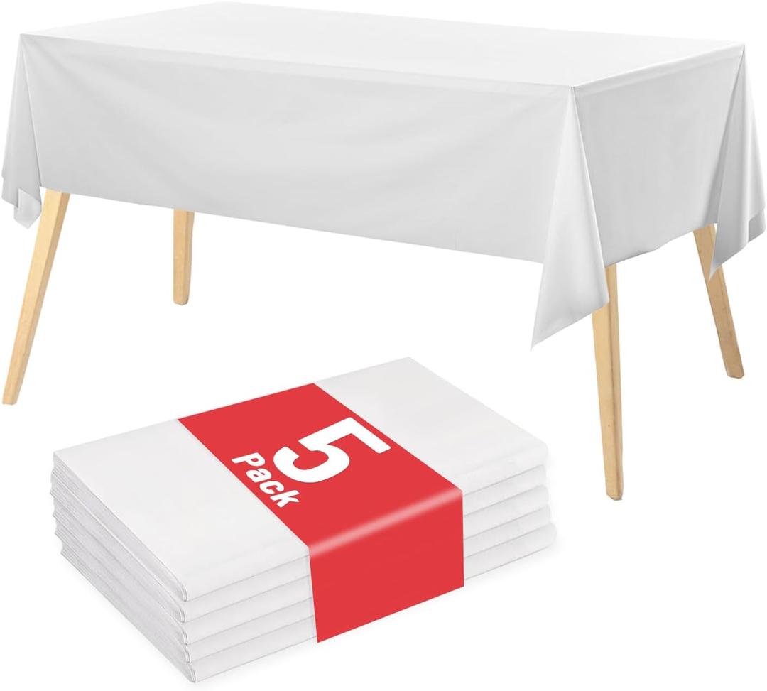 able Cloth, 5 Packs Disposable Tablecloth  76x88 Inches, White Plastic Tablecloth for Rectangle Table Cover Tougher PEVA for Party Decorations Picnic Graduation Camping Birthday 
