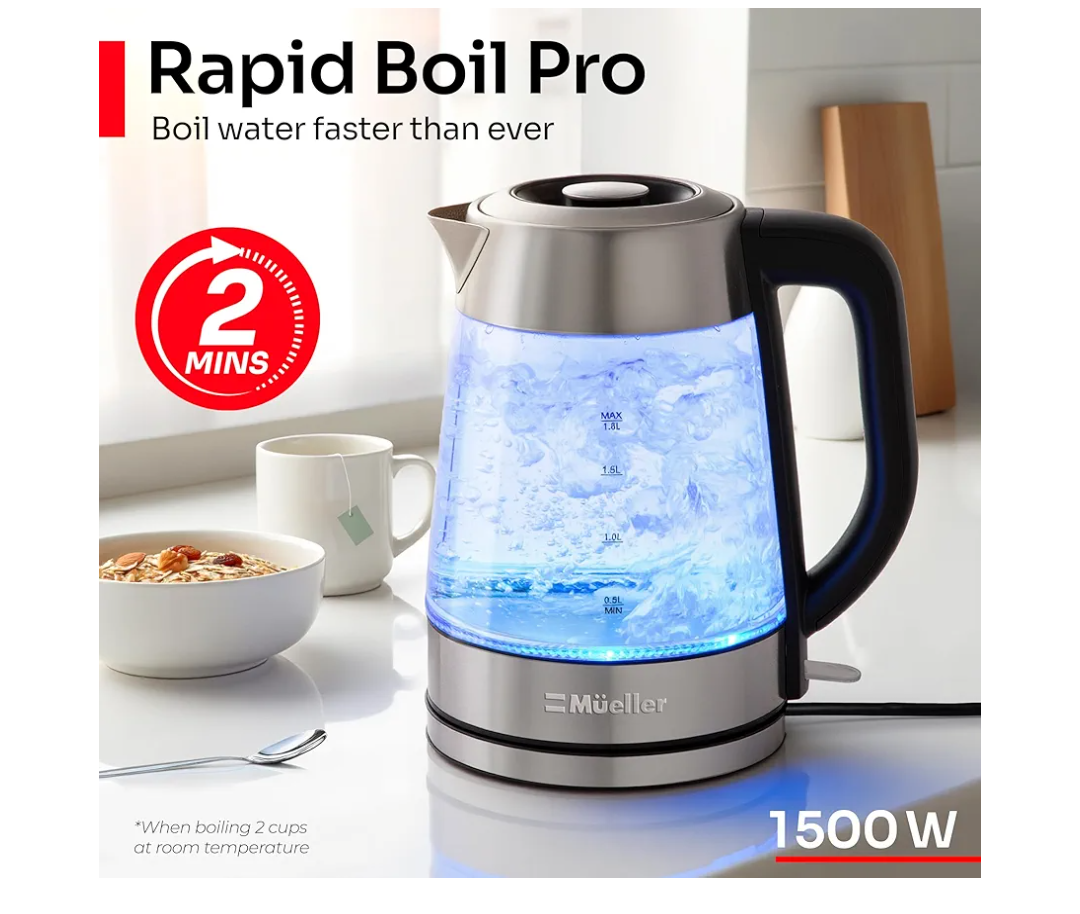 Mueller RapidBoil Electric Kettle 1.8L – Borosilicate Glass & Stainless Steel – BPA-Free Tea Kettle, LED Light, Auto Shut-Off, Boil Dry Protection Water Heater – Fast Heating, Kitchen Essentials
