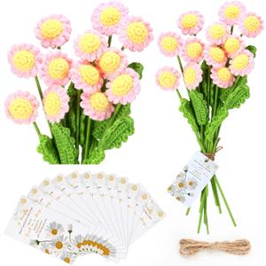 Tigeen 12 Sets Crochet Flowers with Awesome Cards Bulk Inspirational Daisy Gifts Crochet Flower Bouquet Employee Appreciation Gifts for Graduation, Mother's Day, Birthday Party (Pink)
