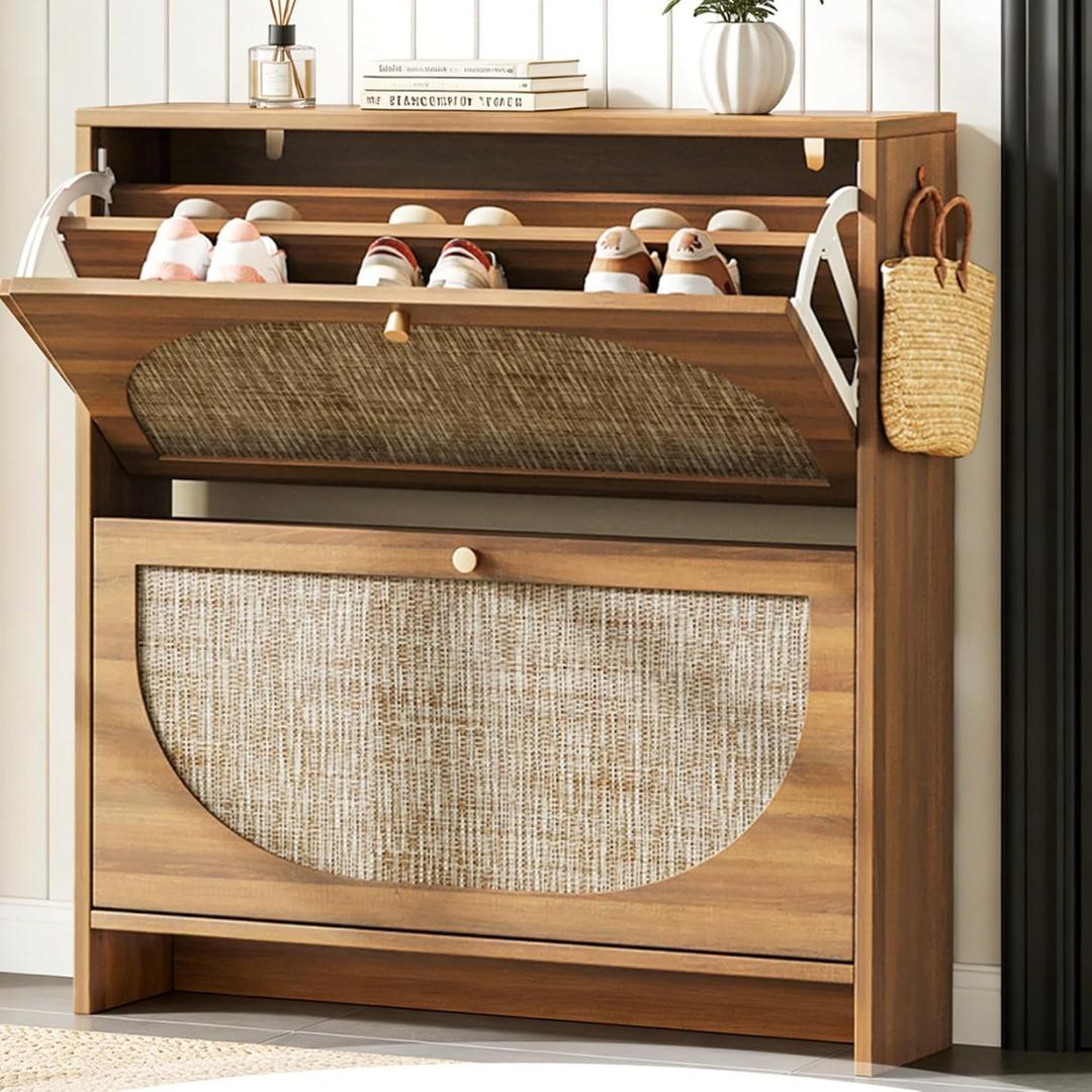 Nicetree Freestanding Ultra Slim Arched Rattan Accent Shoe Storage Cabinet for Entryway - 2 Flip Drawers & 3-Tier Adjustable Shelves, Farmhouse Modern Rustic Shoe Rack for Hallway Foyer,Oak, 35.5" H × 9.5" D × 31.5" W