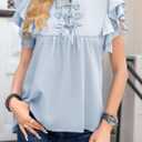 Womens Dressy Casual Shirts Summer Ruffle Short Sleeve Work Blouses Hidden Button Crewneck Cute Bow Tie Front Tops (Blue, M)