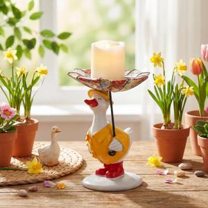 Reallnaive Silly Goose with Raincoat Candle Holder Cute Duck Candle Holder Silly Goose with Floral Umbrella Decorative Candlestick Stand for Home Spring Living Room Garden Decor