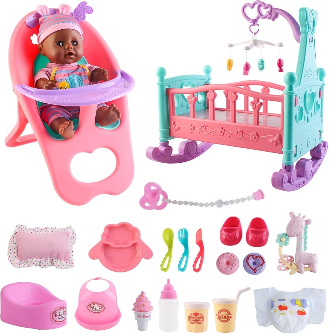 deAO Black Baby Doll Set - Mobile, High Chair, Stroller & Feeding Accessories - 21 Piece Play Set (Doll Included)