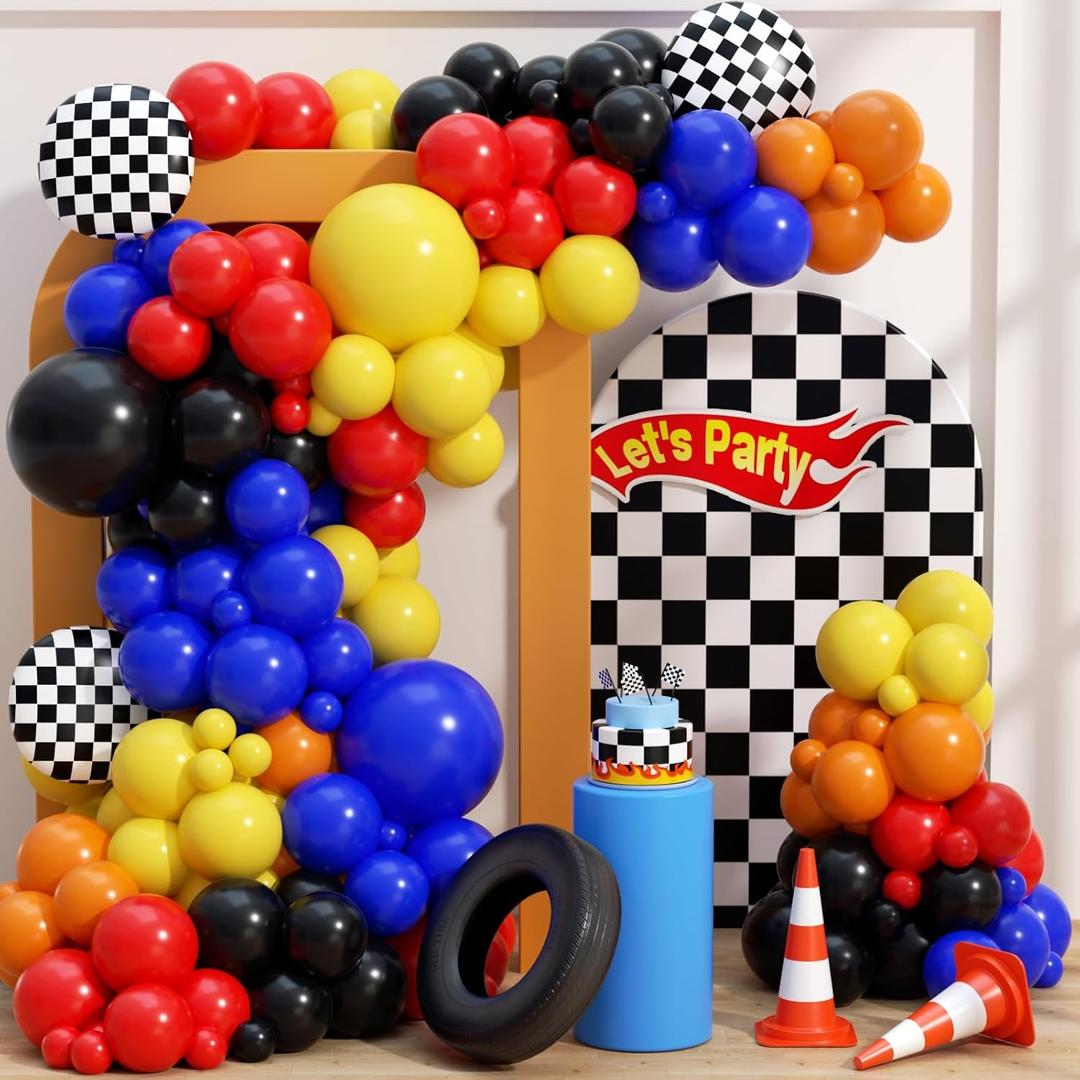 160Pcs Race Car Balloon Garland Arch Kit - Car Wheels Checkered Balloons 18 12 10 5 Inch Different Size Balloons for Racing Car Two Fast 2nd Monster Theme Birthday Party Decorations Supplies (Red Blcck Yellow Blue Orange)