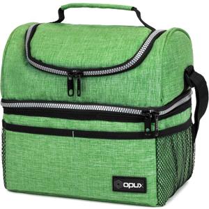 OPUX Lunch Box For Men Women, Insulated Large Lunch Bag Adult Work, Double Decker Lunchbox Meal Prep, Dual Compartment Leakproof Lunch Cooler, Soft Lunch Pail Tote Boys Girls Kids School, Green 12L
