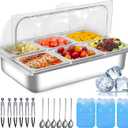 Countertop Ice Food Serving Display Tray with 6 Pan, Portable Salad Bar Buffet Station for Home, Cold Food Buffet Server, Ice Serving Trays for Parties, Pizza Topping Station Cooling Trays for Food
