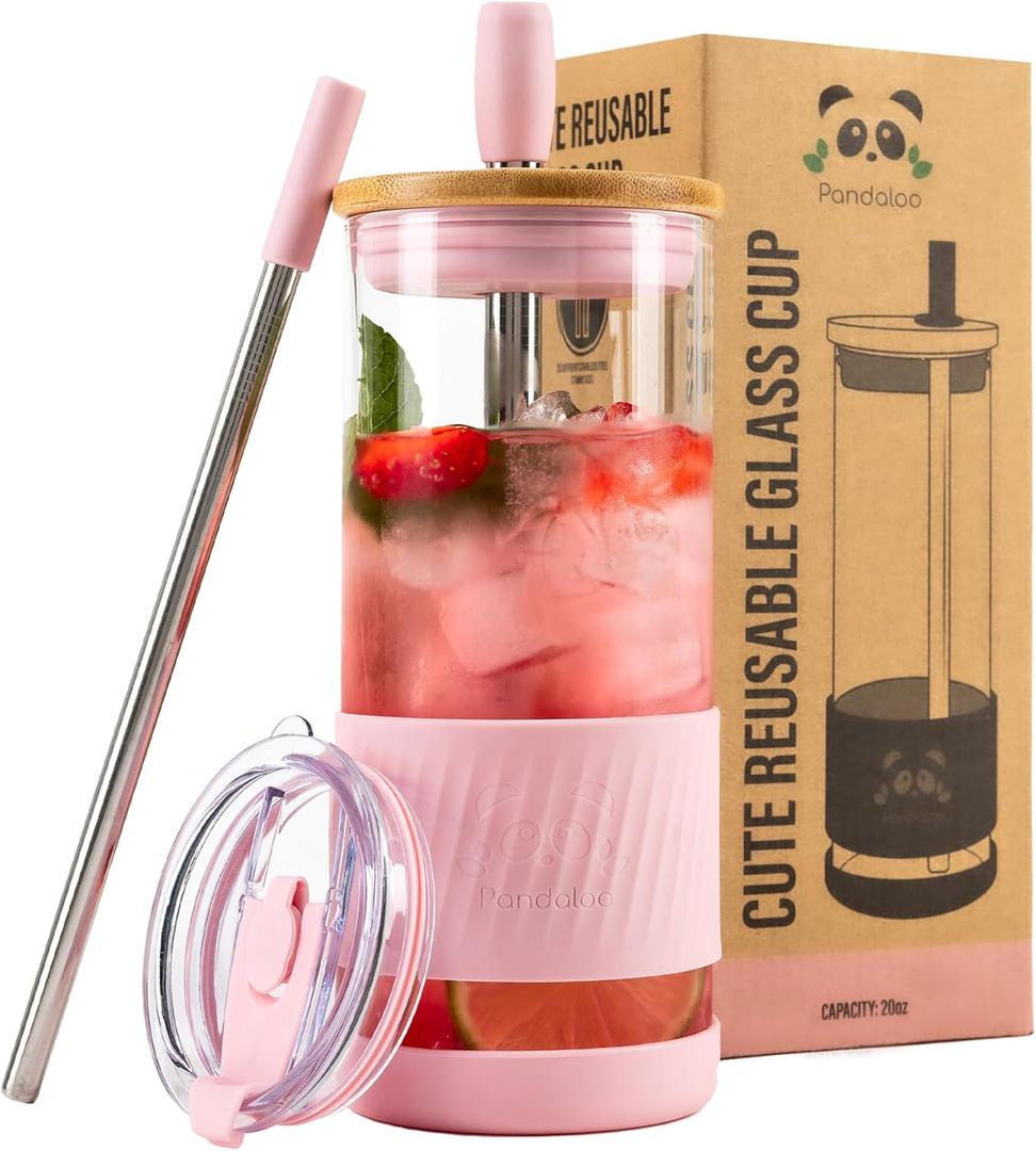 Pandaloo Glass Cups With Lids and Straws -20 Fl Oz- Perfect Size Iced Coffee Cup - Smoothie Cup With Bamboo Lid and On the go Lid - Glass Tumbler With Straw, Tender Pink