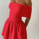 Atizon Women's Summer Off The Shoulder Mini Dress Casual Short Sleeve Trendy Cocktail Party A Line Dresses (Red)