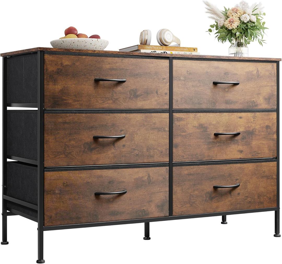 WLIVE Dresser for Bedroom with 6 Drawers, Wide Dresser TV Stand for 50 Inches TV, with Fabric Drawers, Metal Frame, Wooden Top, Storage Dressers for Bedroom, Hallway, Entryway, Rustic Brown