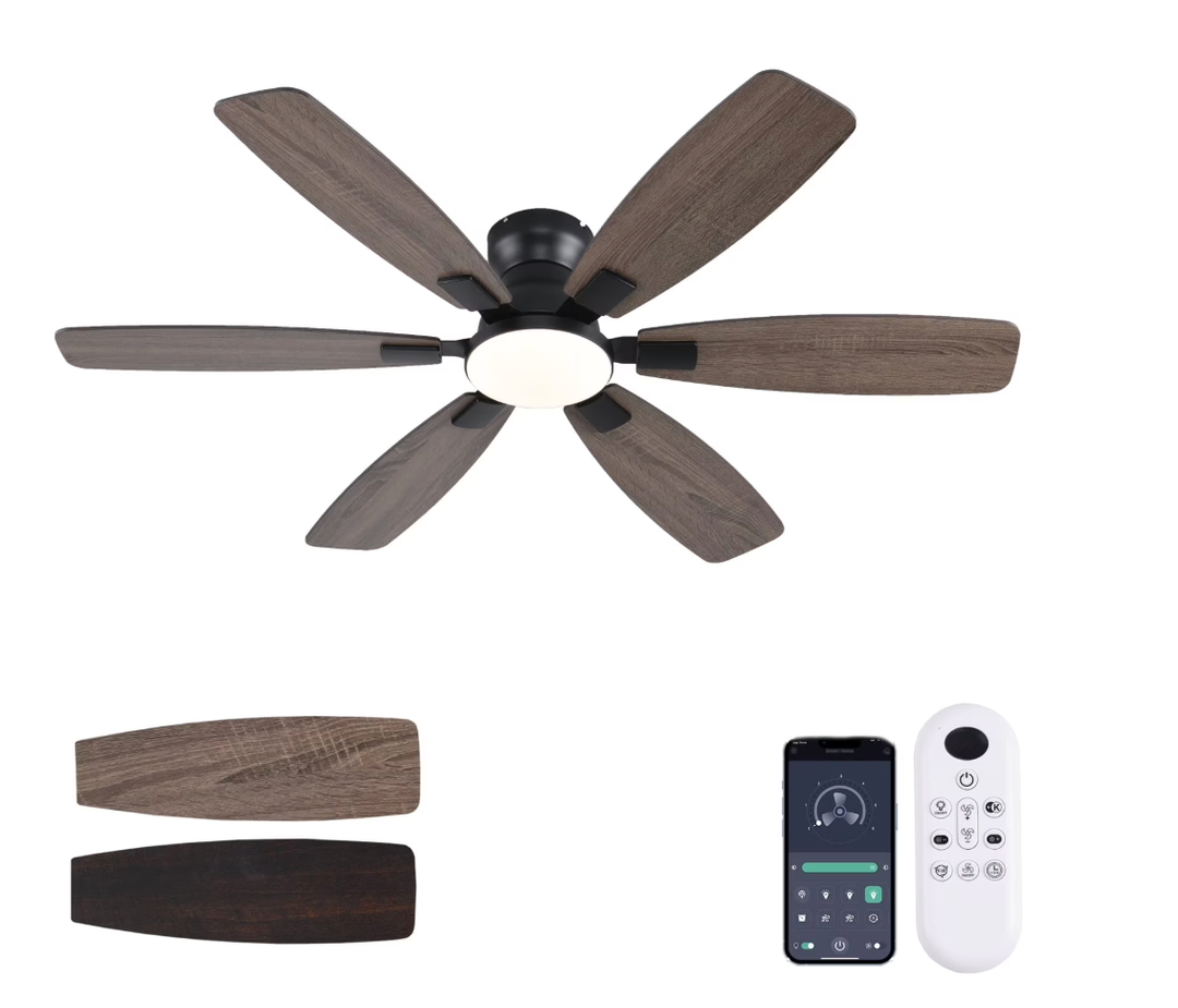 Ayaoty Ceiling Fans with Lights, 52 inch Low Profile Ceiling Fan , Flush Mount, Reversible Motor, Dimmable, Noiseless, Black Ceiling Fan for Bedroom, Indoor/Outdoor Use