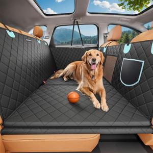 Back Seat Extender for Dogs with Zippered Mesh Window, Detachable Hard Bottom Car Seat Cover for Dog Holds 400lbs, Large Space Backseat Extender, Hammock for Car, SUV, 600D Oxford
