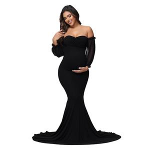 JustVH Maternity Mesh Puff Sleeve Off Shoulder Maxi Photoshoot Dress for Baby Shower Mermaid Hem Party Gown for Photography Black, Size M