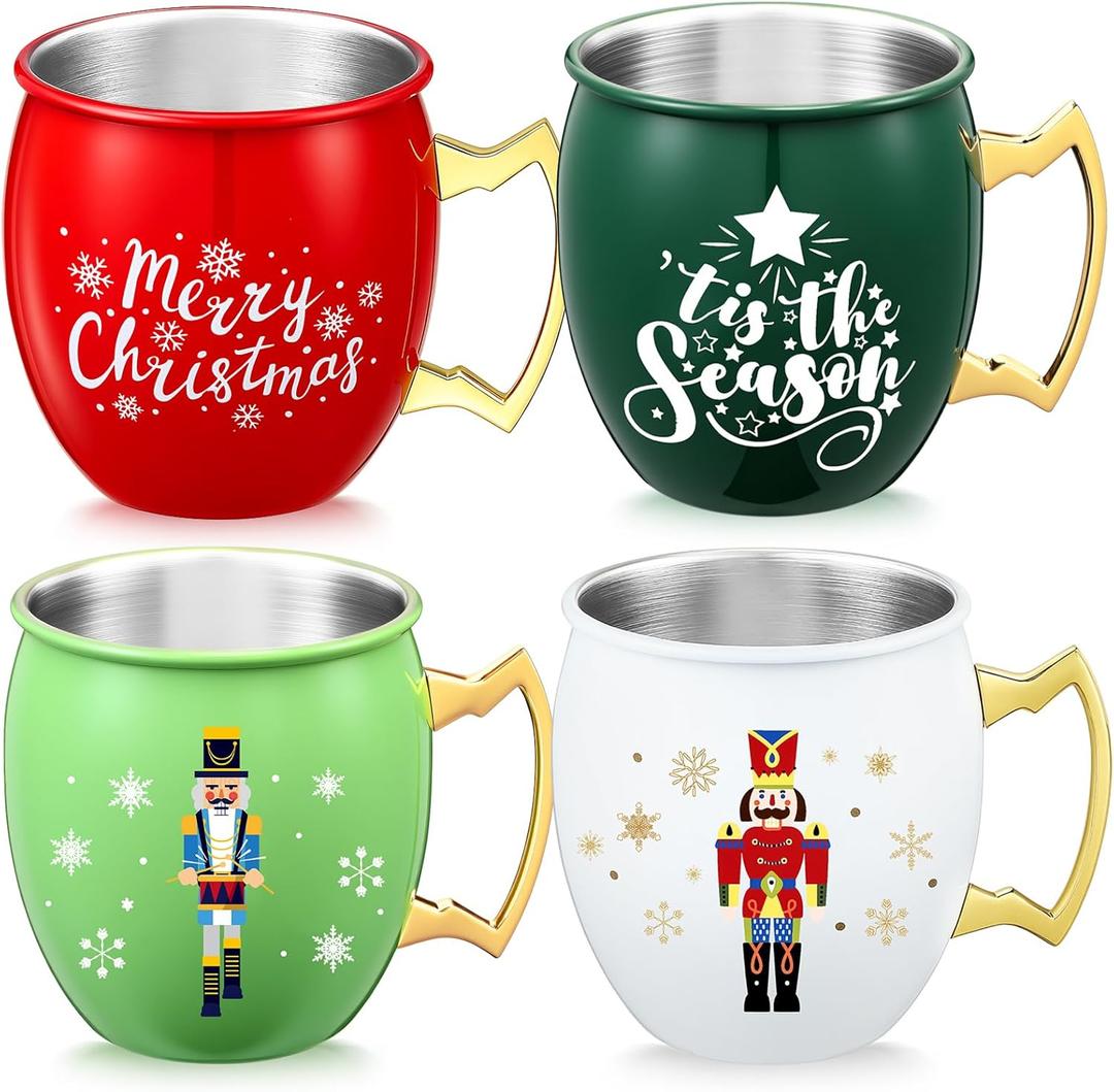 Seematn 4 Pcs Christmas Mug Nutcracker Moscow Mule Mug 16 oz Christmas Coffee Mugs Holiday Xmas Drinkware Housewarming Gifts for Xmas Tea Cocoa Hot Drinks (Red, White, Green)