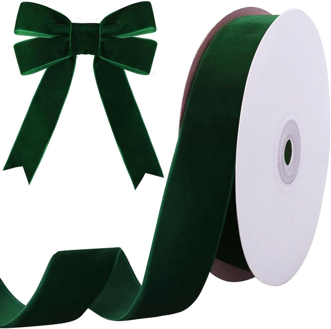 10 Yards Green Velvet Ribbon 1 Inch for Christmas Tree,Velvet Christmas Ribbon for Gift Wrapping Crafts Bow Wreath Holiday Decorations (Dark Green)