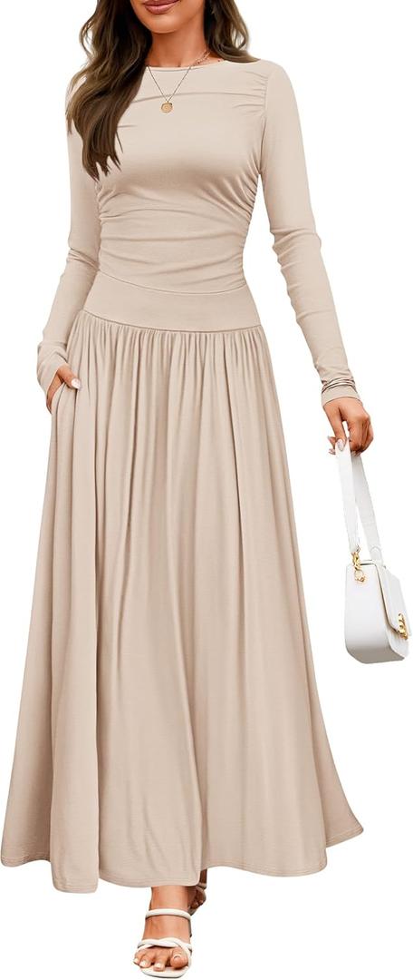 ZESICA Women's Long Sleeve Fall Maxi Dress 2026 Crewneck Knit Casual Slim Swing Pleated Dresses with Pockets