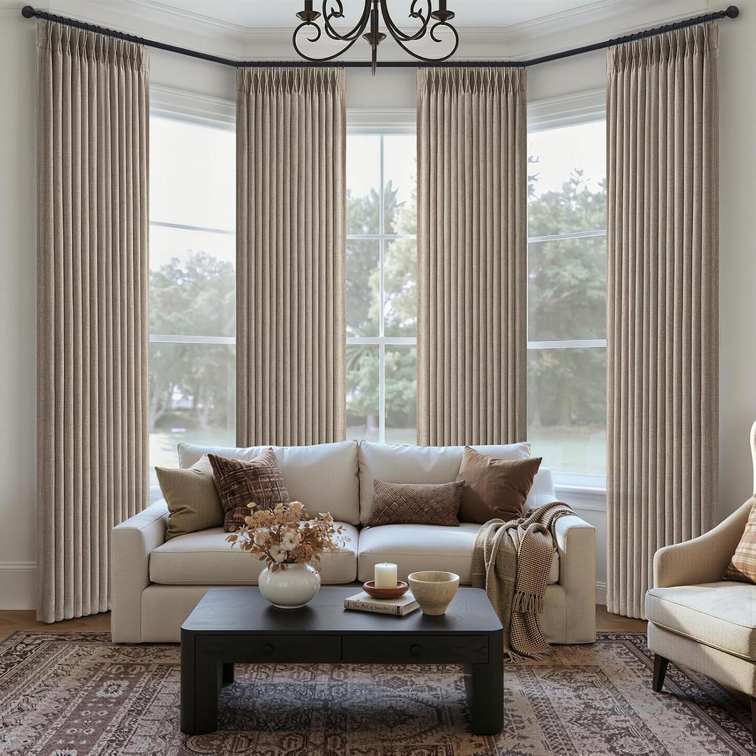 Dark Flax Natural Linen 90 Inch Sliding Door Curtains 4 Panels Set, Memory Shape Pinch Pleated Semi Sheer Privacy Curtain That Let Light in Dining Room Modern Drapes Windows Burg with Hooks & Rings