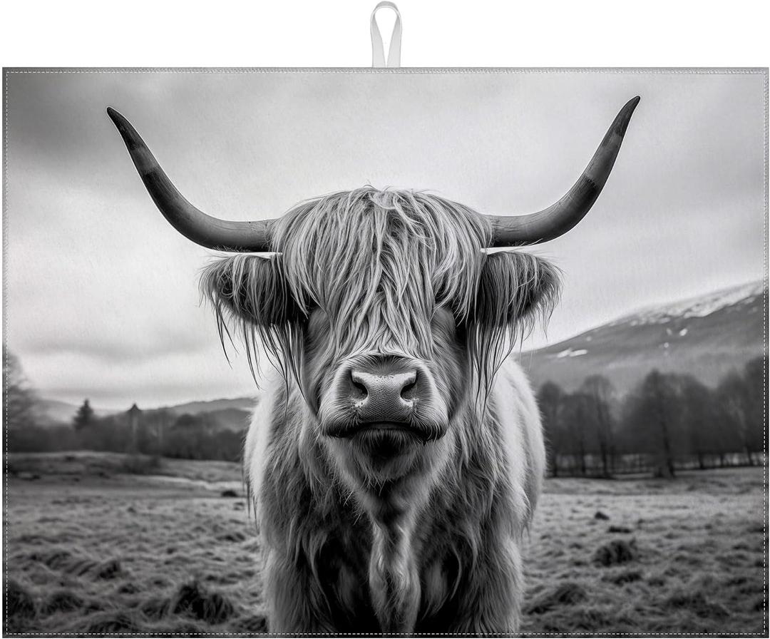 Highland Cow Dish Drying Mat for Kitchen Counter Drying Pad Absorbent Reversible Dish Drainer Rack Mats Draining Pad 18"x24"Inch