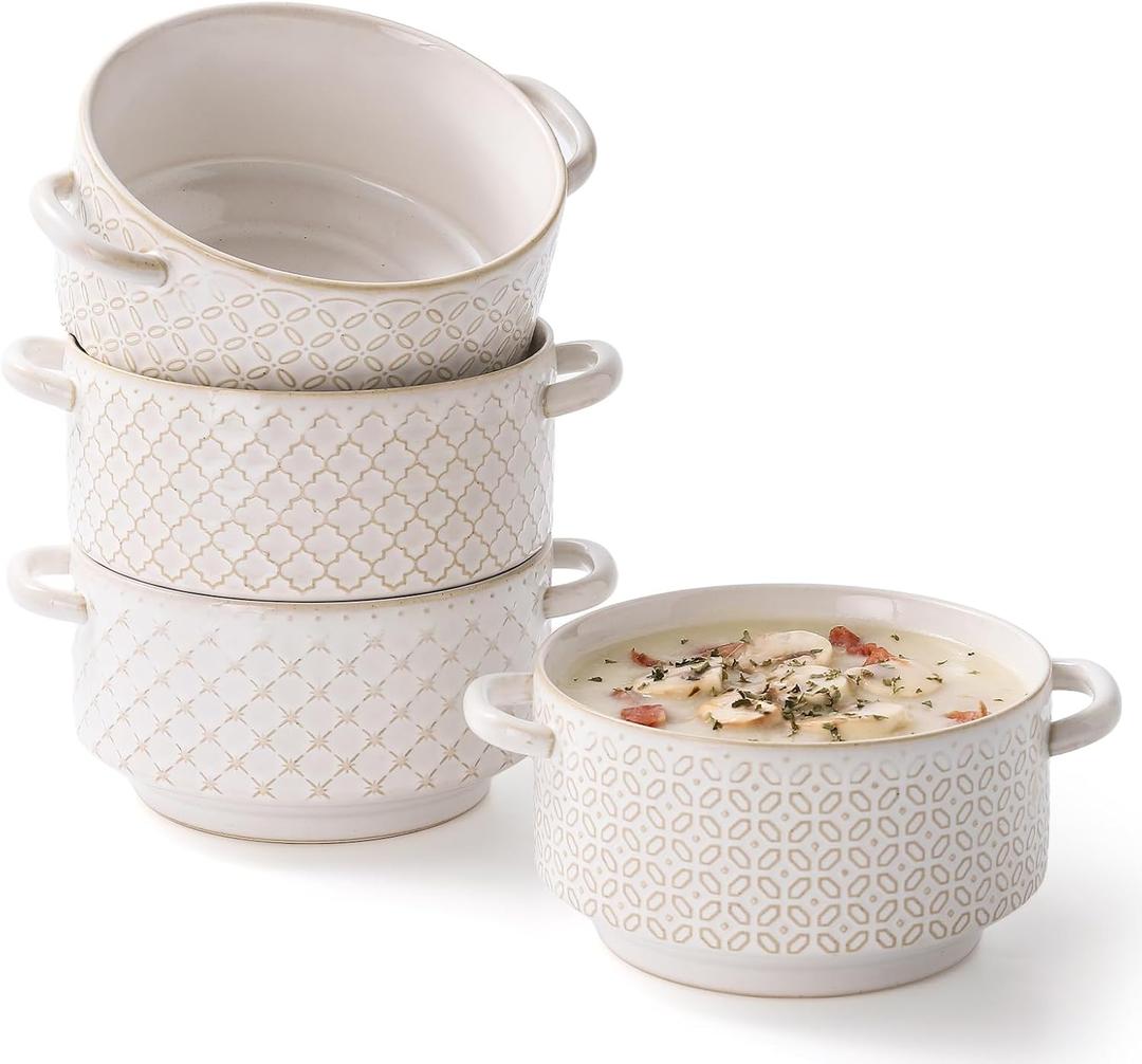 DOWAN Soup Bowls with Handles, Oven Safe French Onion Soup Bowls, 26 oz Large Soup Bowl for Chilli, Beef Stew, Ceramic Soup Crocks Set of 4, Microwave & Dishwasher Safe (Ivory White)
