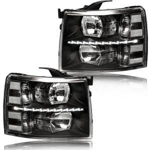 LED Headlight Assembly, Compatible with 2007-2013 Chevy Silverado 1500/2007-2014 Silverado 2500HD 3500 NOT Fit 2007(Old Body) Classic Models Black Housing Clear Reflector