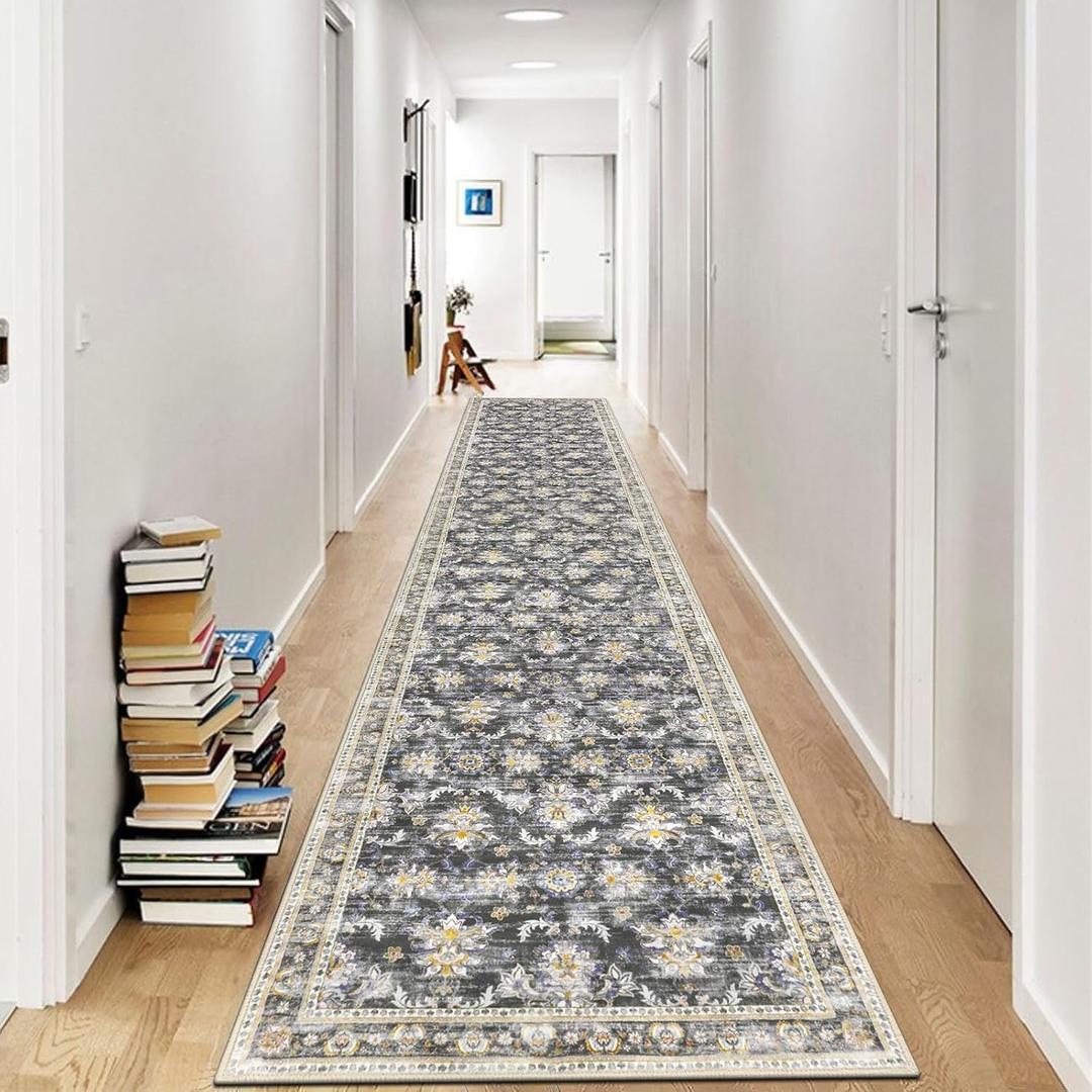 Ileading Hallway Runner Rug 2x10 Vintage Boho Floral Non Slip Longer Kitchen Floor Mat Machine Washable Carpet Non-Shedding Soft Faux Wool Throw Rug for Entryway Bedroom Livingroom(Grey&Brown)