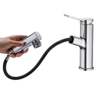 Bathroom Sink Faucet with Pull Down Sprayer Stainless Steel Bathroom Faucets Single Handle Pull Out Bathroom Faucets Basin Modern RV Vanity Farmhouse Faucet Chrome