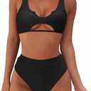 SUUKSESS Women Push up Color Block Bikini Sets Sexy Cheeky High Cut 2 Piece Swimsuit Cutout Backless Bathing Suit(Shiny Black,M)
