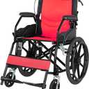Lightweight Wheelchair with Swing-Away Footrests and Flip-Back Arms, Portable Folding Transport Wheelchair or Adults & Seniors with Brake for Storage and Travel Use, 17 Inch Seat,300 Lbs (Red)