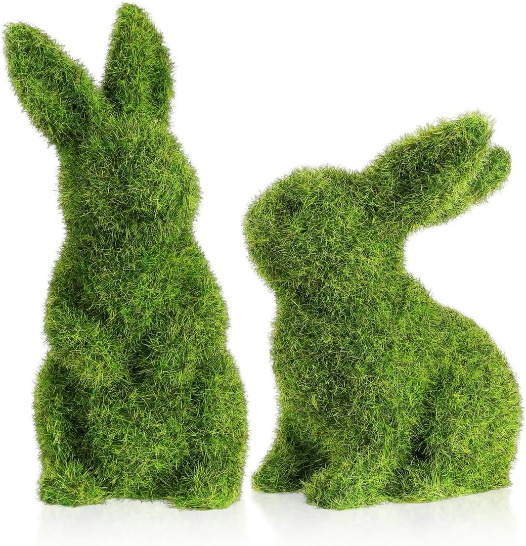 Ipetboom 2pcs Easter Bunny Ornaments Set - Green Garden Rabbit Decor for Spring Patio Lawn Home and Office Decoration Flocked Bunnies Craft Scene Layout Adornment