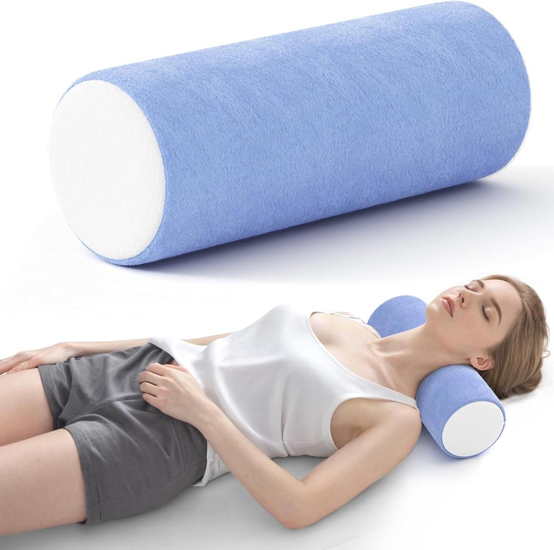 Neck Roll Cervical Pillow for Neck Pain Relief - Memory Foam Neck Pillow for Bed, Round Neck Pillows for Sleeping, 15.7 * 6 * 6inch (Blue-White)