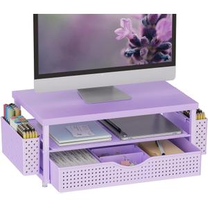 Gianotter Wood Monitor Stand Riser, Desk Organizer with Drawer and 2 Pen Holders, 2-Tier Workspace Organizer for Office Supplies (Purple Wood)