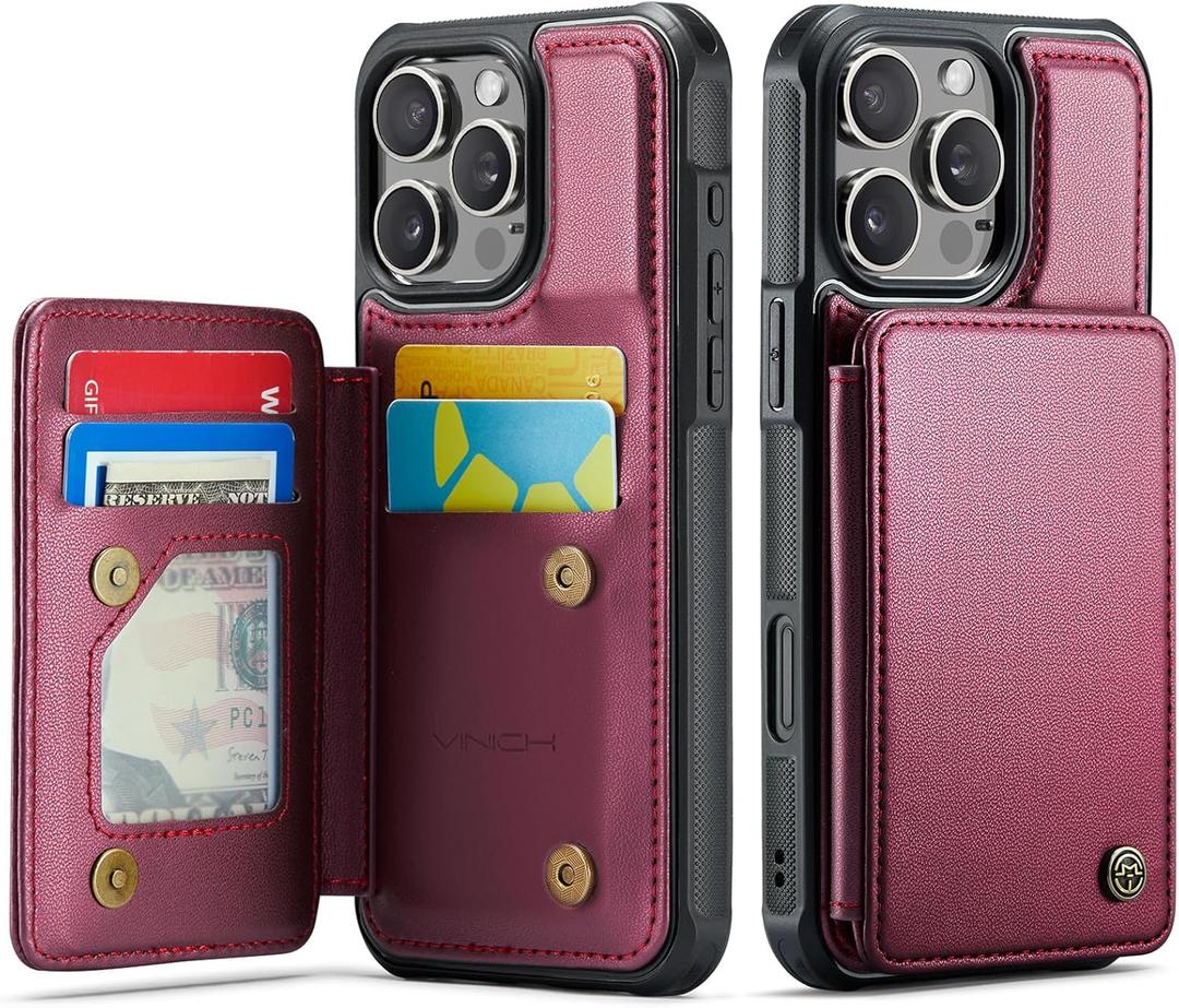 Vinich for iPhone 16 Pro Wallet Case with Card Holder, RFID Blocking Credit Slots Kickstand Shockproof Phone Cover Fit for iPhone 16 Pro 6.3" Wine Red